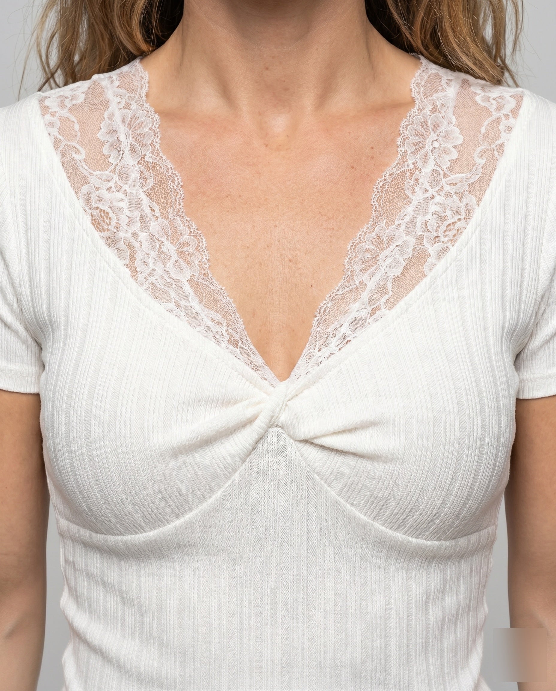 Women's Short Sleeve Lace Top with Elegant V-Neck - Close-Up Detail