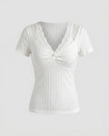 Women's Short Sleeve Lace Top with Elegant V-Neck