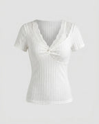 Women's Short Sleeve Lace Top with Elegant V-Neck