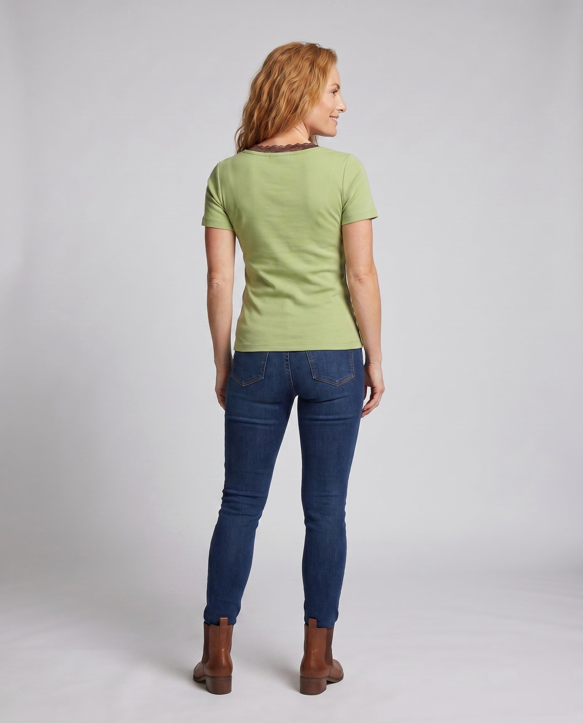 Women's Short-Sleeve Shirt with Elegant Button Placket, Lace Accents - Back View