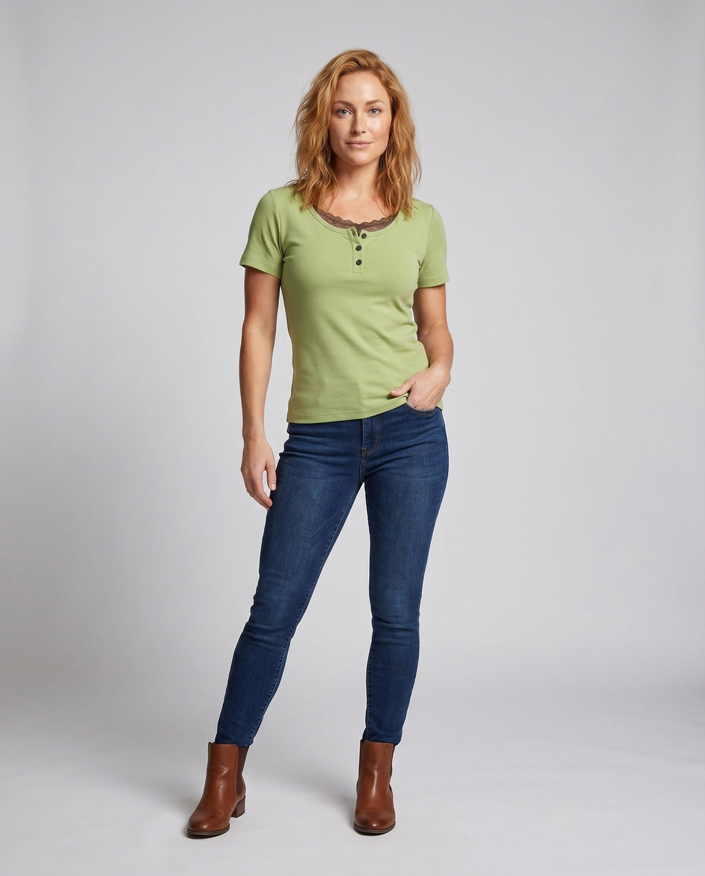 Women's Short-Sleeve Shirt with Elegant Button Placket, Lace Accents - Front View