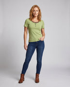 Women's Short-Sleeve Shirt with Elegant Button Placket, Lace Accents - Front View