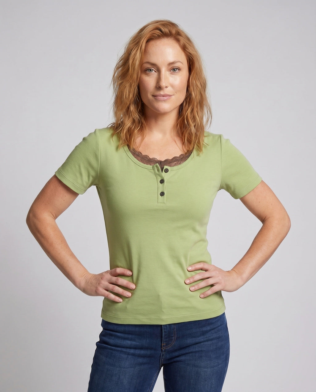 Women's Short-Sleeve Shirt with Elegant Button Placket, Lace Accents - Upper Body View