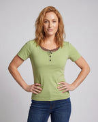 Women's Short-Sleeve Shirt with Elegant Button Placket, Lace Accents - Upper Body View