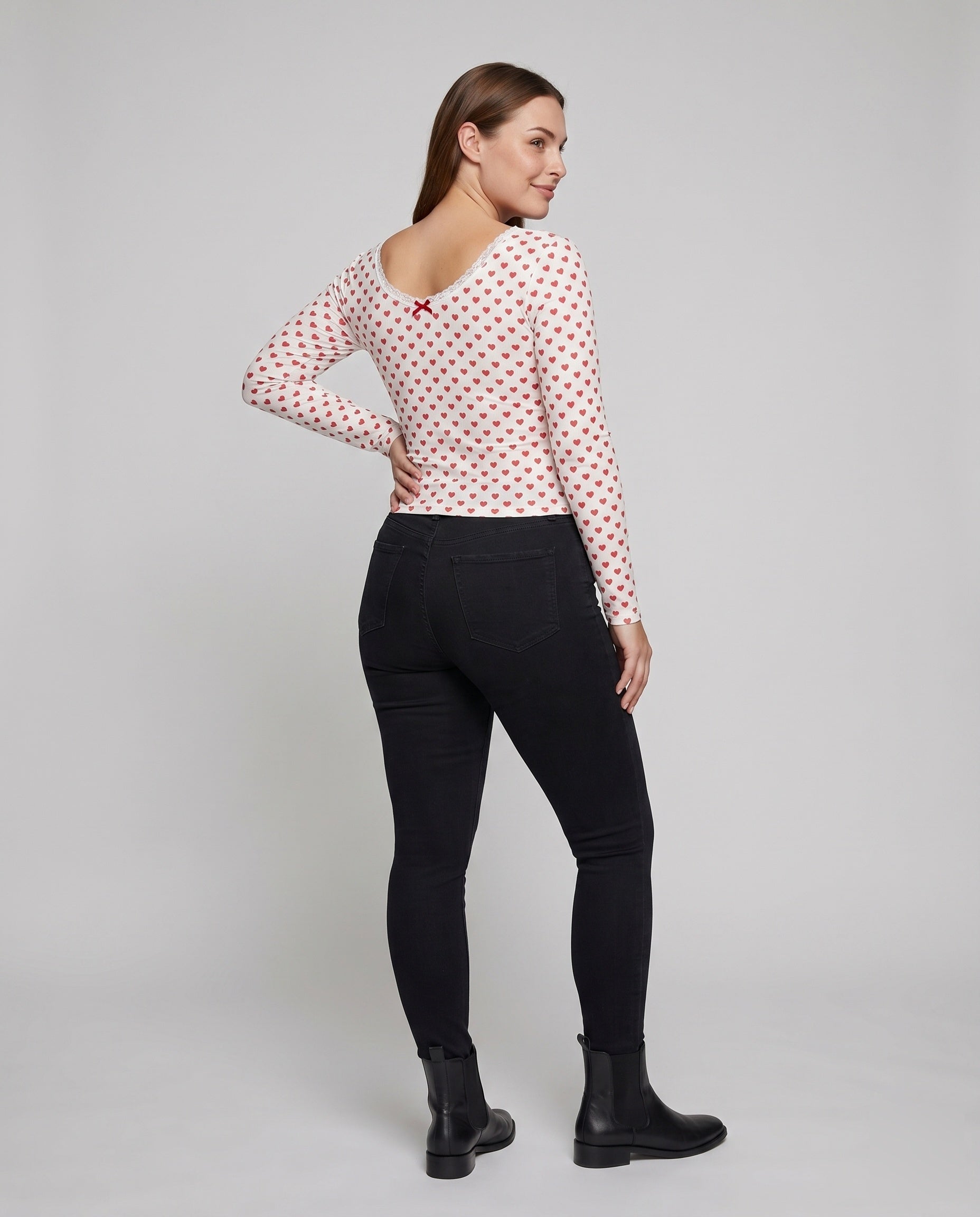 Women's Long Sleeve Top with Decorative Heart Pattern - Back View