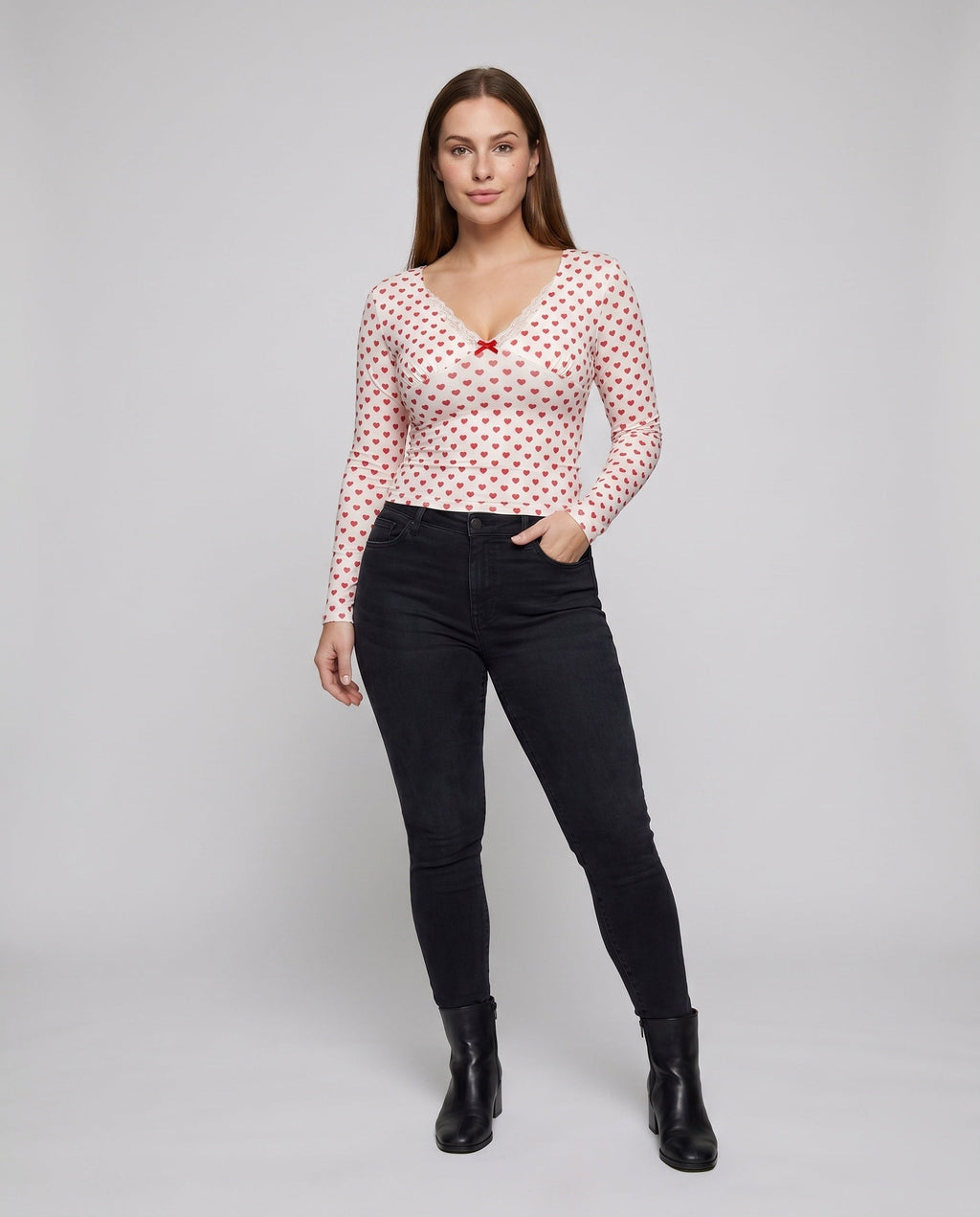 Women's Long Sleeve Top with Decorative Heart Pattern - Front View