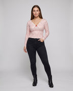 Women's Long Sleeve Top with Decorative Heart Pattern - Front View