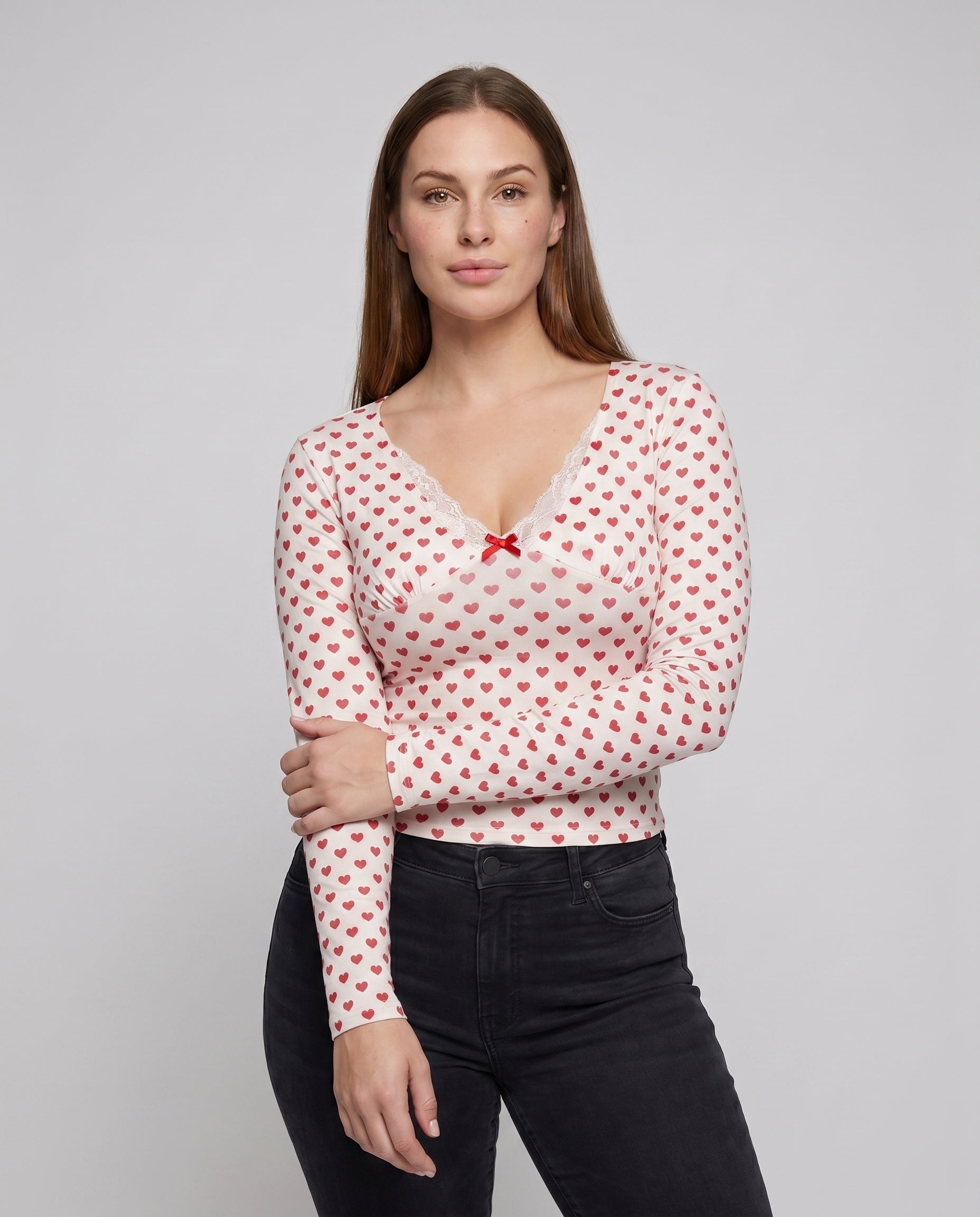 Women's Long Sleeve Top with Decorative Heart Pattern - Upper Body View