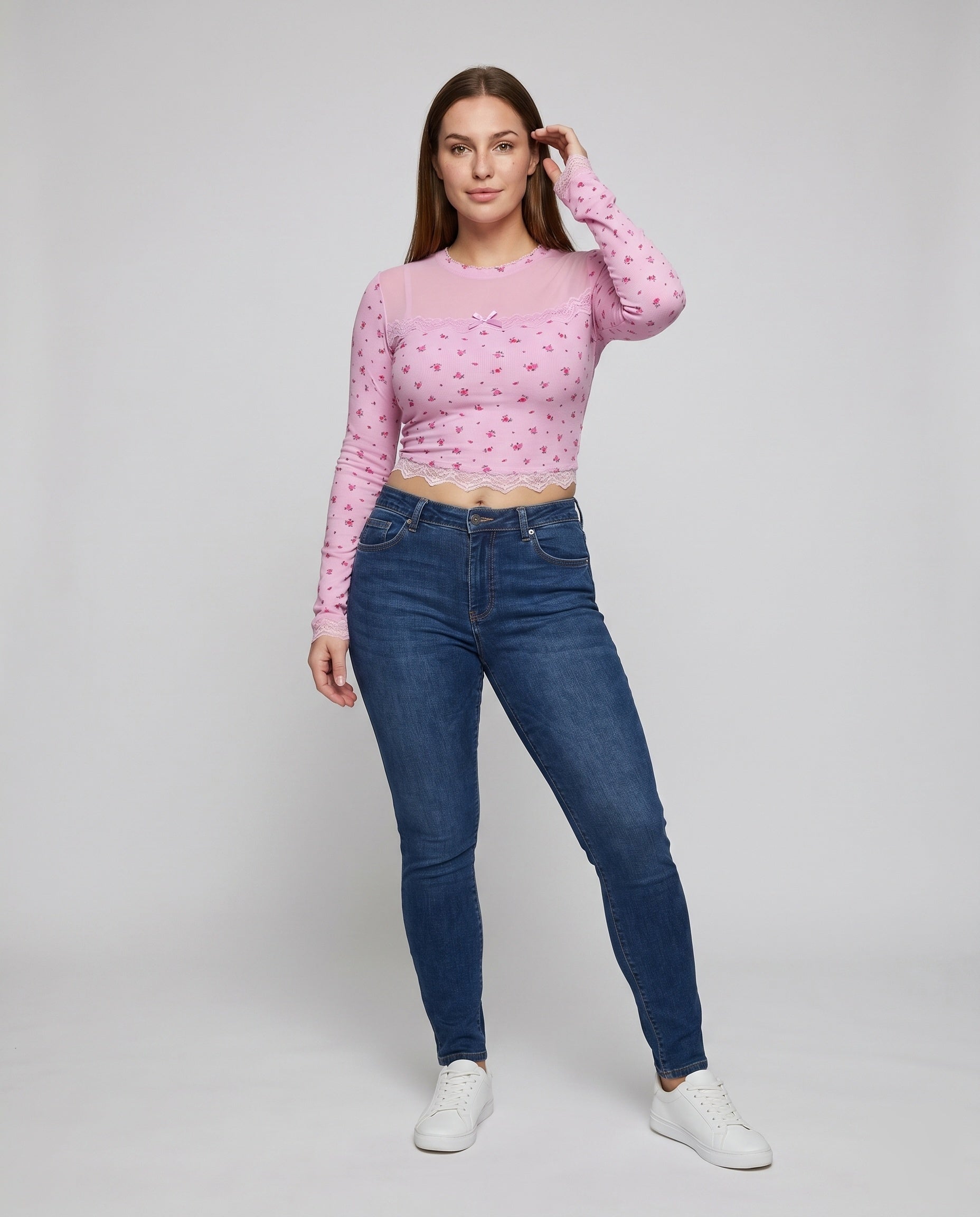 Women's Long-Sleeved Crop Top with Delicate Lace Trim and Floral Print - Front View