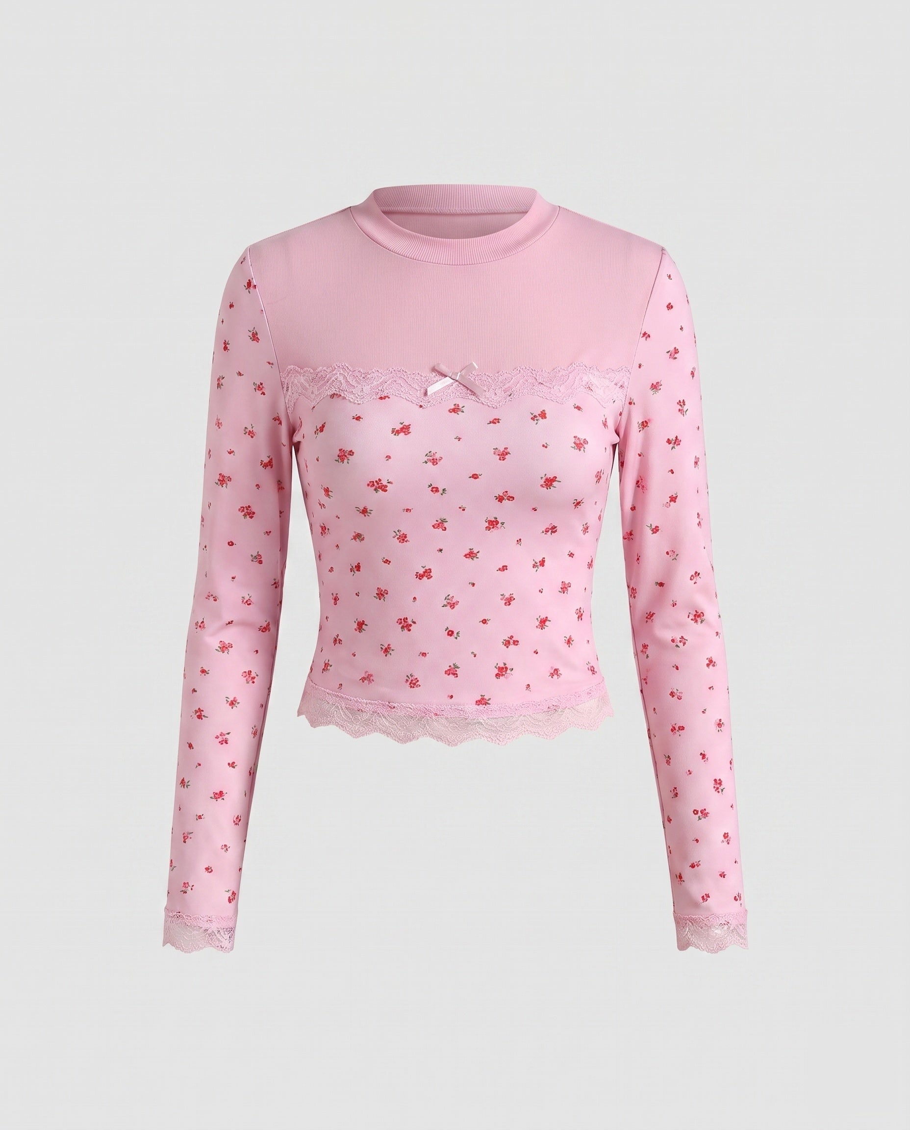 Women's Long-Sleeved Crop Top with Delicate Lace Trim and Floral Print