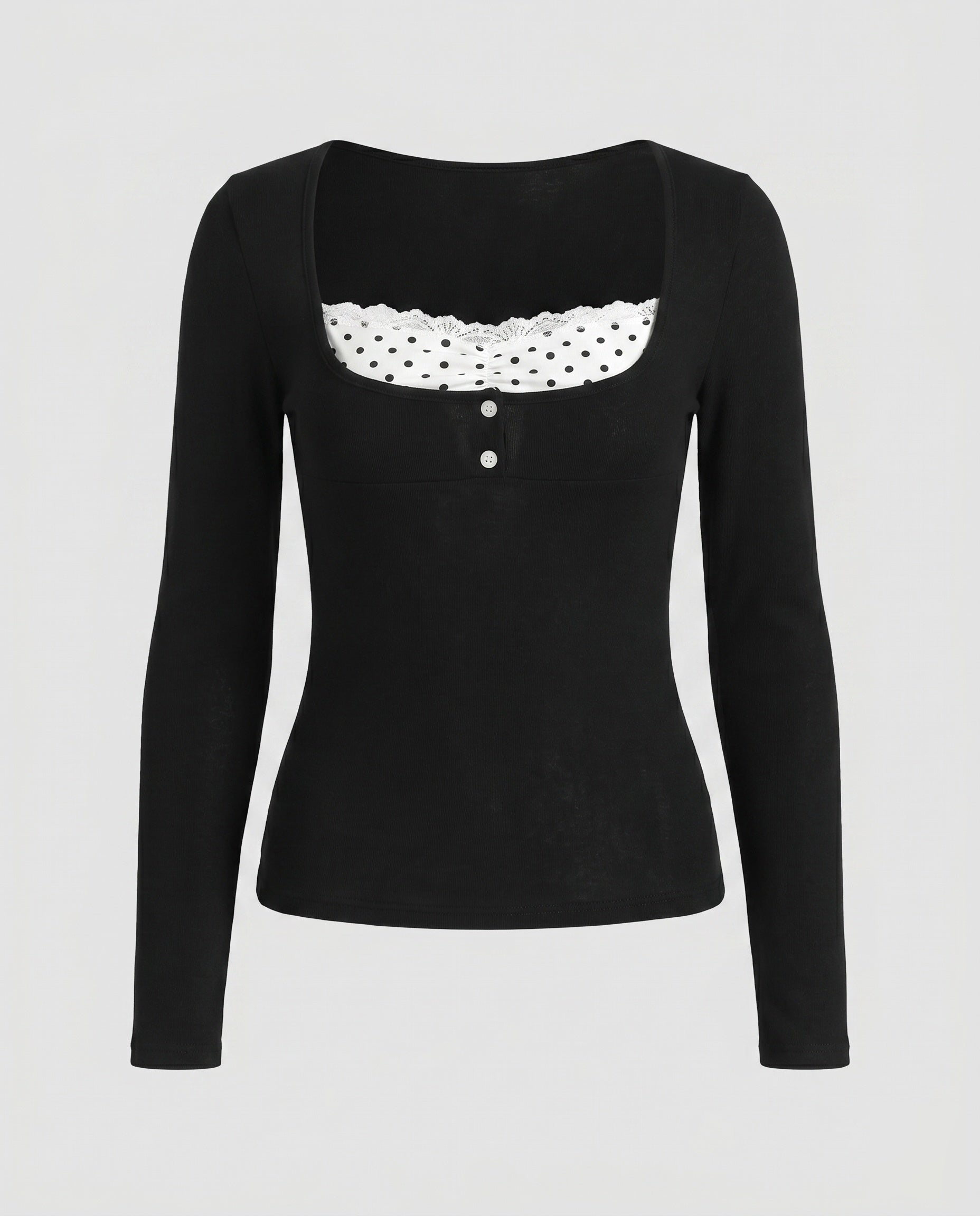 Women's Long-Sleeve Top with Playful Neckline and Elegant Lace