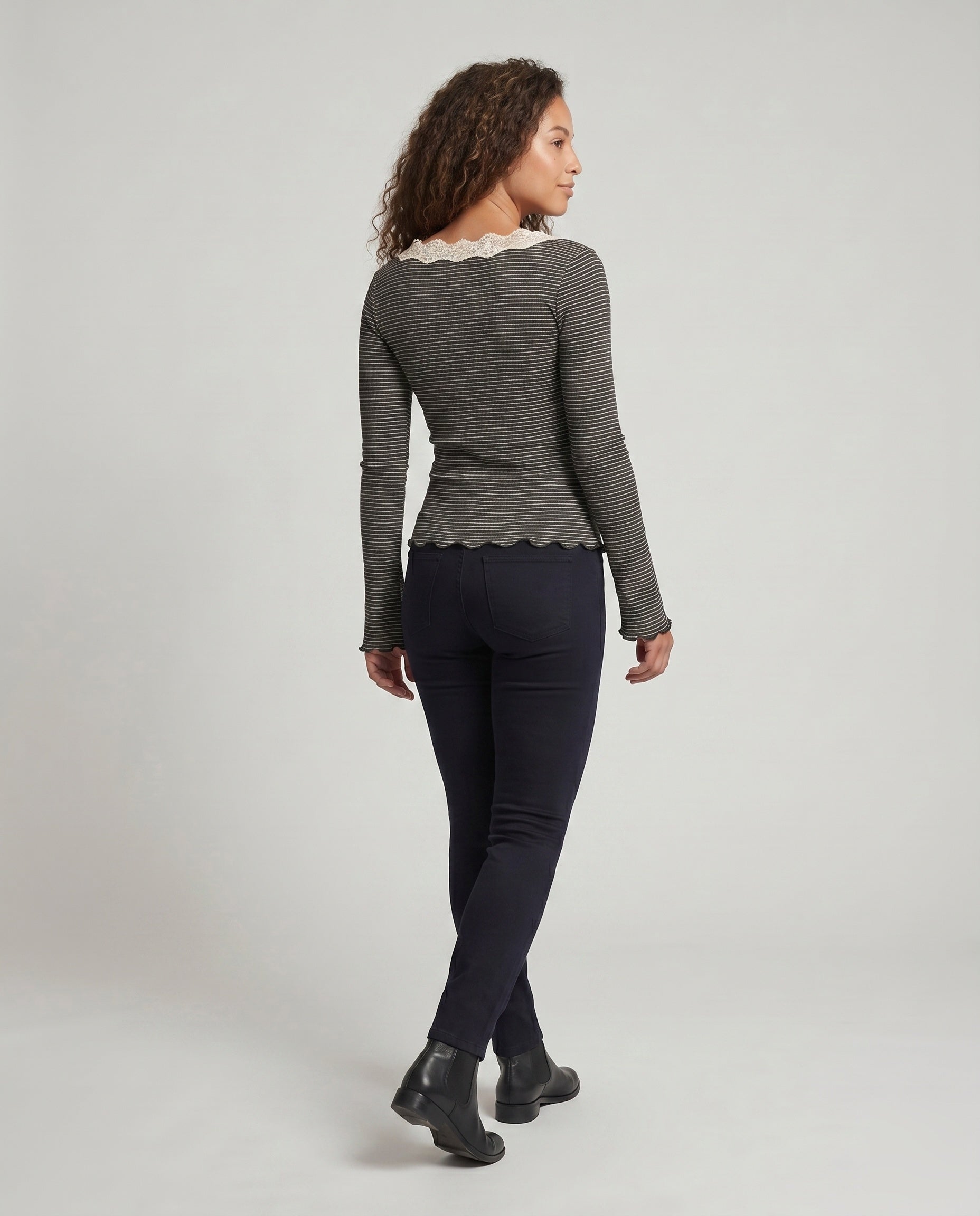 Women's Long Sleeve Shirt with Elegant Lace Collar and Striped Design - Back View
