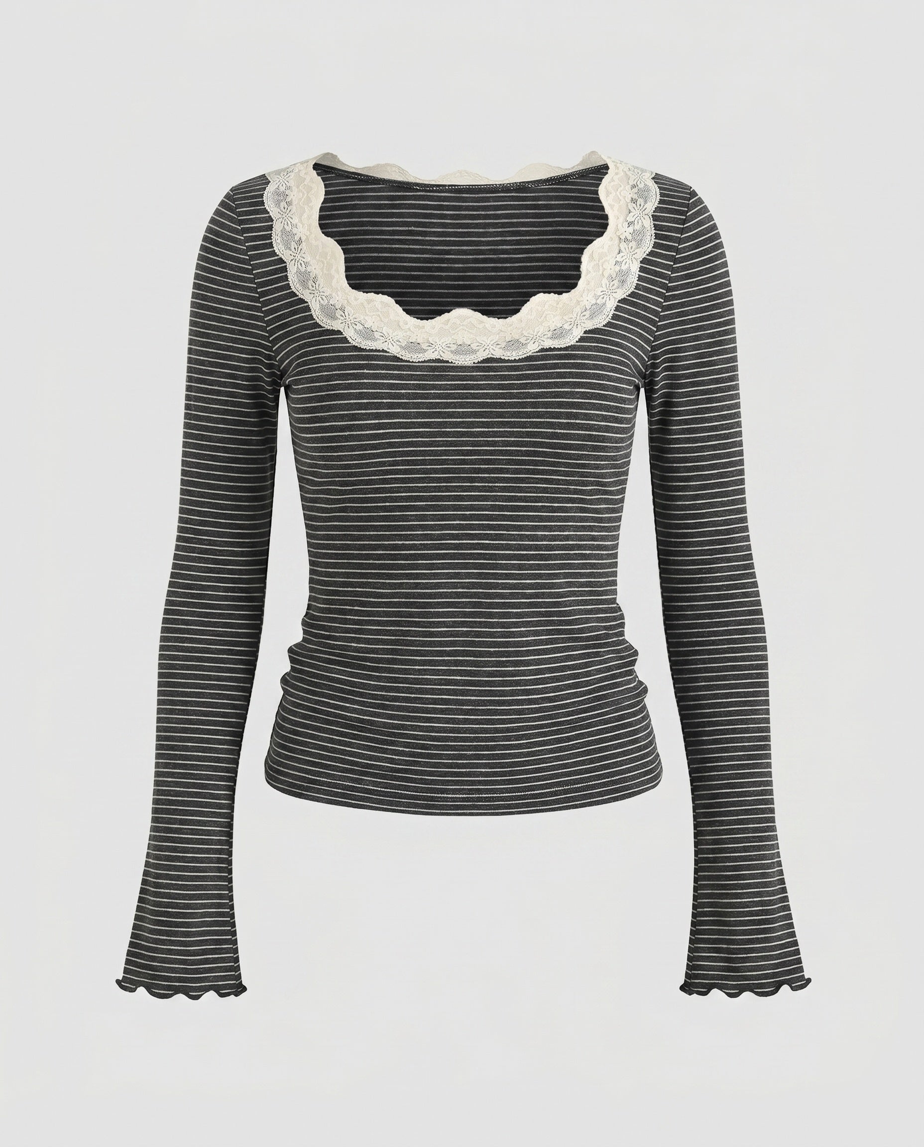 Women's Long Sleeve Shirt with Elegant Lace Collar and Striped Design