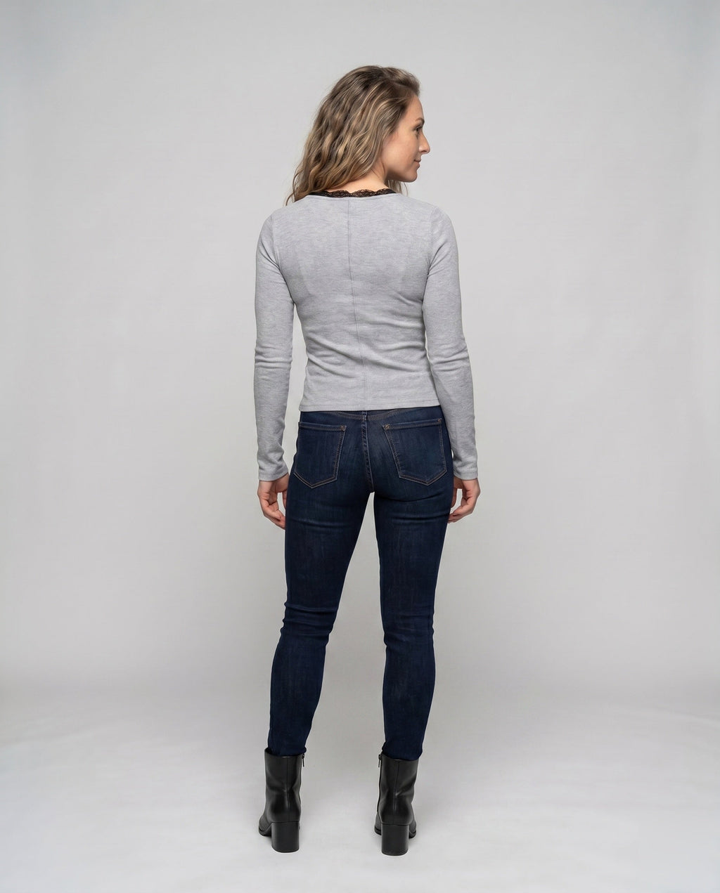 Women's Long-Sleeve Shirt with Elegant Button Placket, Delicate Lace - Back View