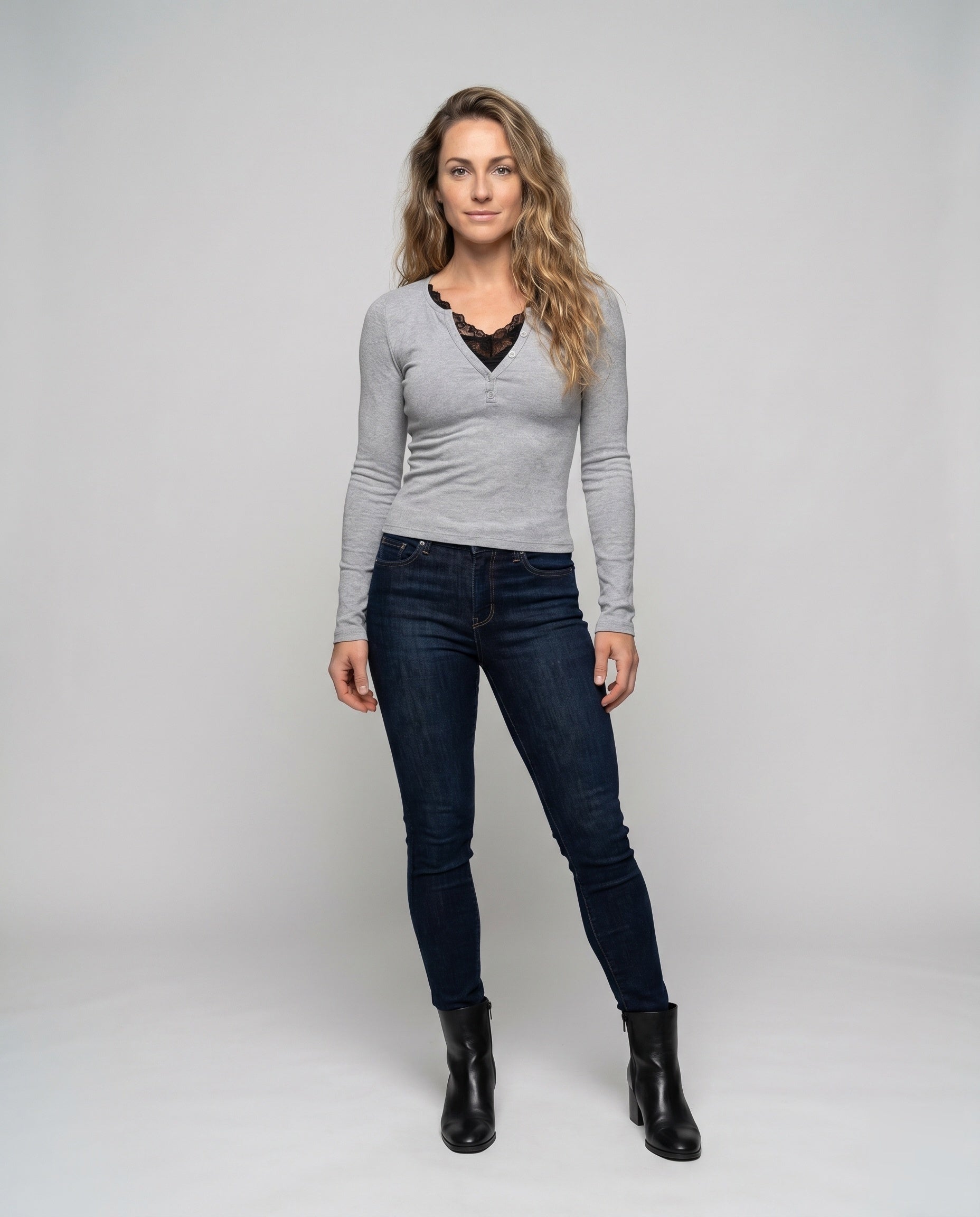 Women's Long-Sleeve Shirt with Elegant Button Placket, Delicate Lace - Front View