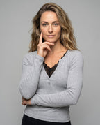 Women's Long-Sleeve Shirt with Elegant Button Placket, Delicate Lace - Upper Body View