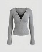 Women's Long-Sleeve Shirt with Elegant Button Placket, Delicate Lace
