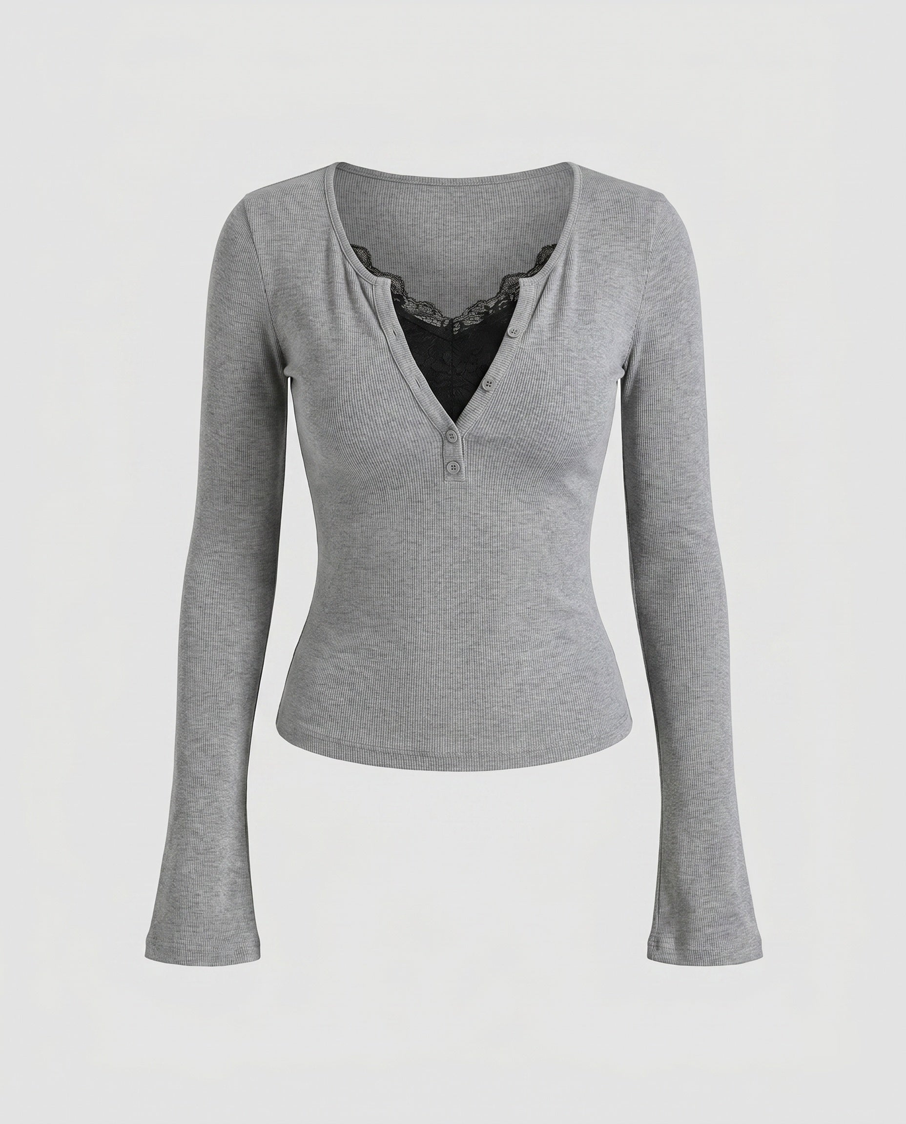 Women's Long-Sleeve Shirt with Elegant Button Placket, Delicate Lace