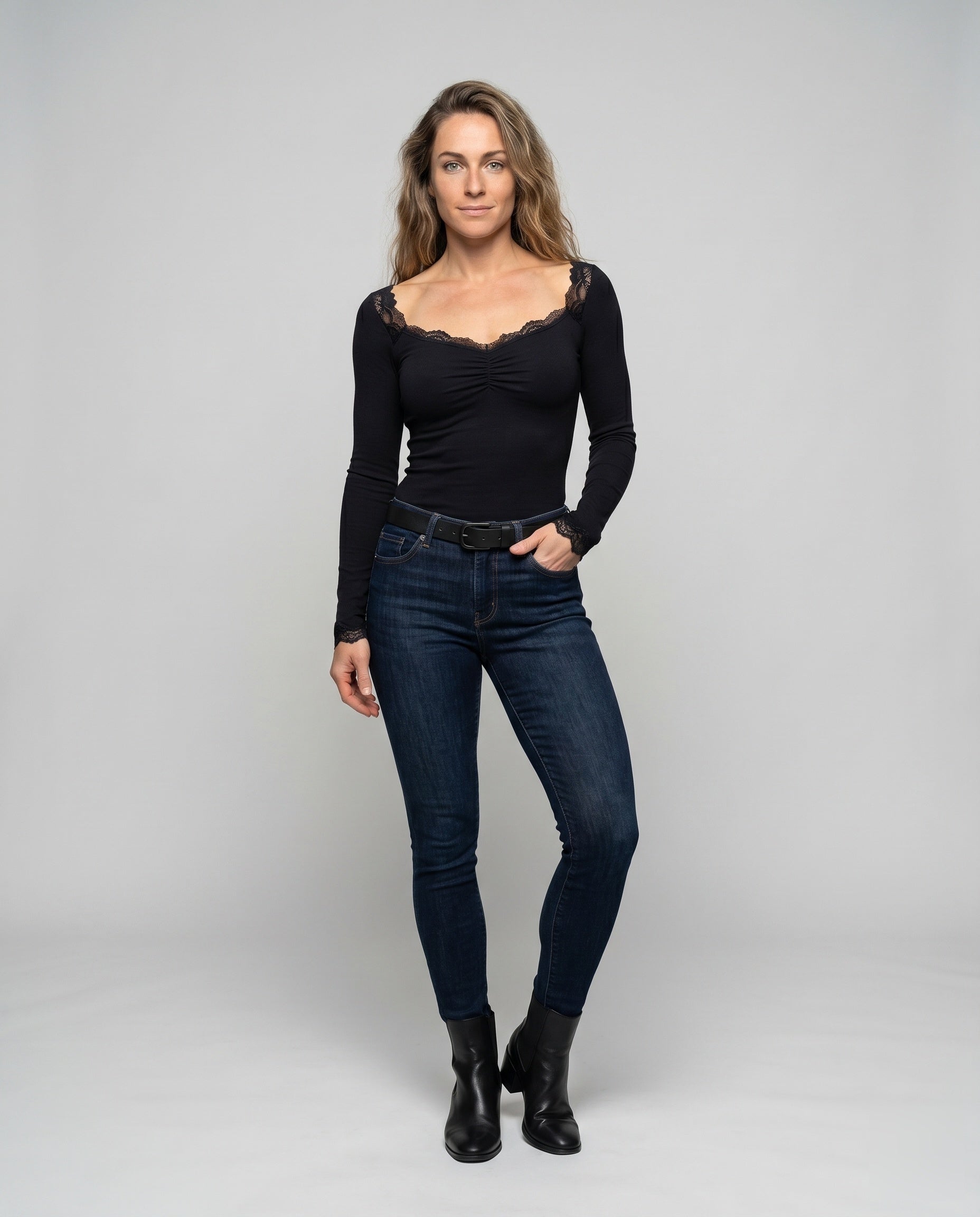 Women's Long Sleeve Shirt with Elegant Lace Back Detail - Front View