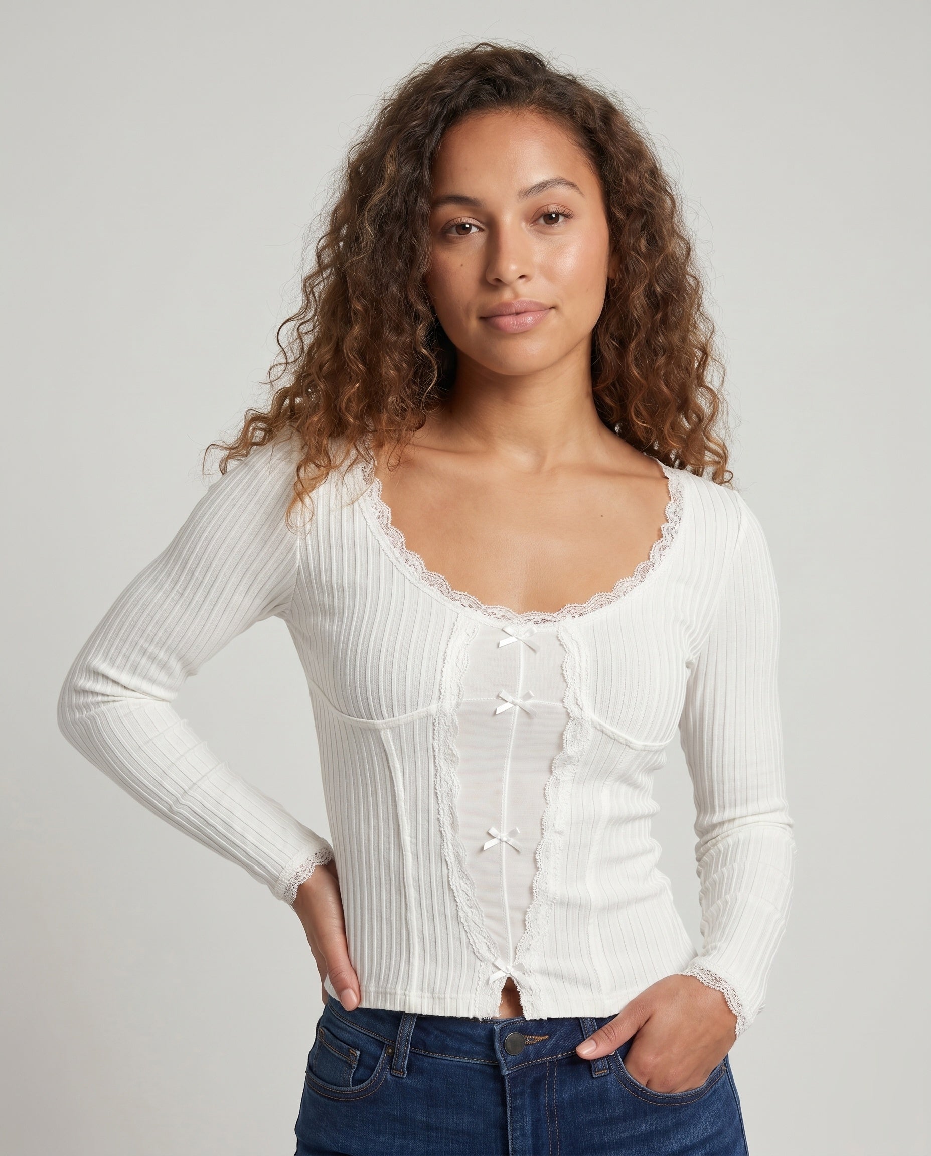 Women's Long Sleeve Shirt with Ribbed Texture and Lace Trim - Upper Body View