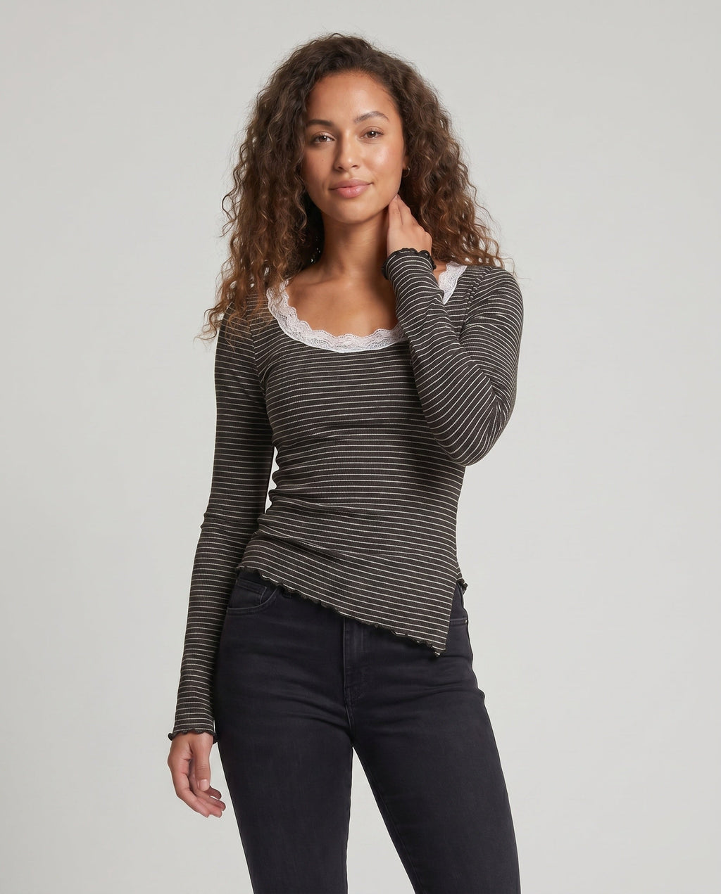 Women's Long Sleeve Shirt with Playful Lace Collar - Upper Body View