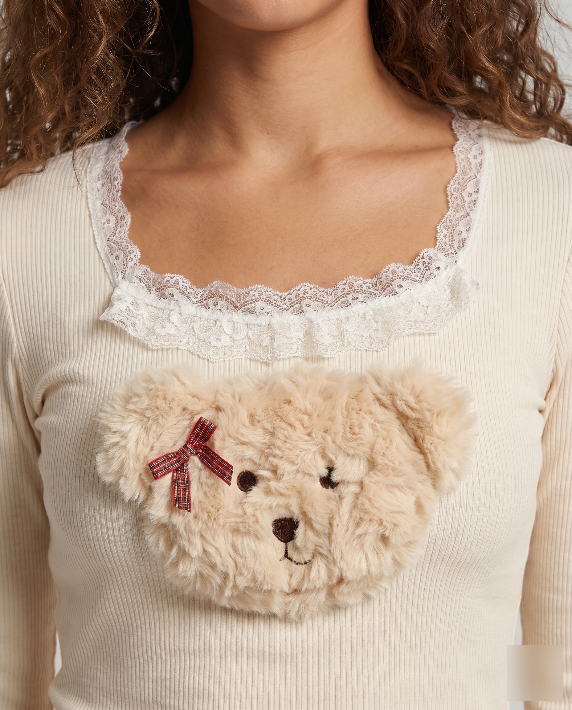Women's Long Sleeve Shirt with Playful Teddy Design and Lace - Close-Up Detail