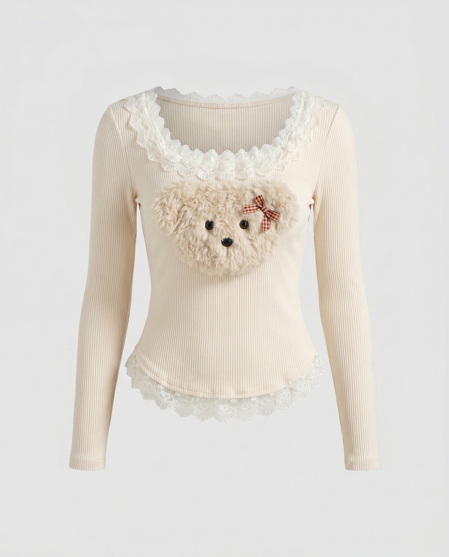 Women's Long Sleeve Shirt with Playful Teddy Design and Lace