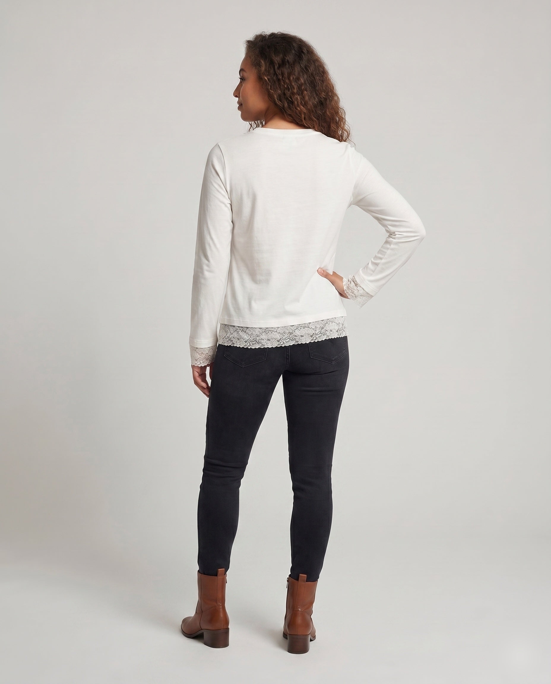 Women's Long Sleeve Shirt with Playful Animal Motif and Lace Trim - Back View