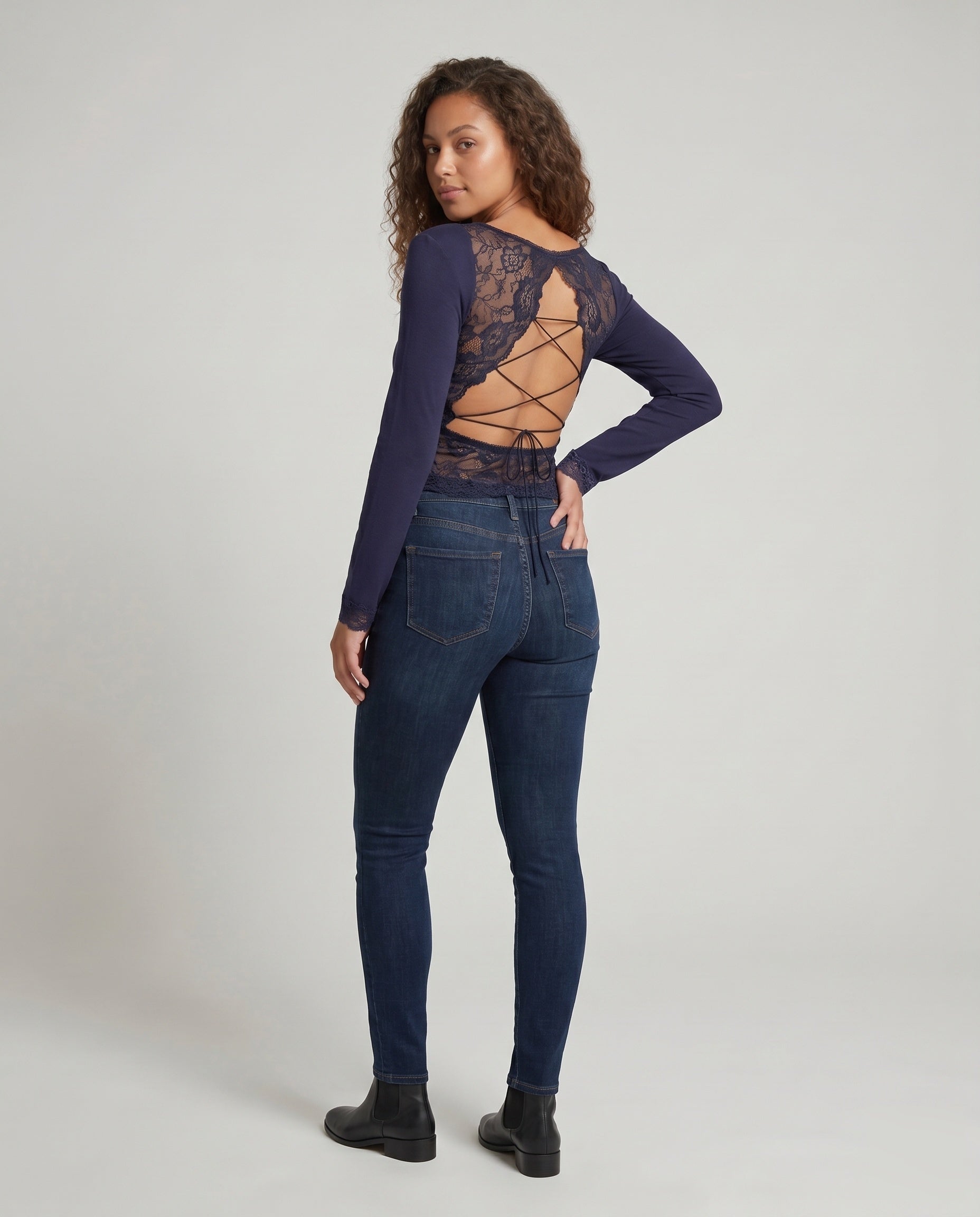 Women's Long Sleeve Shirt with Delicate Lace Back - Back View