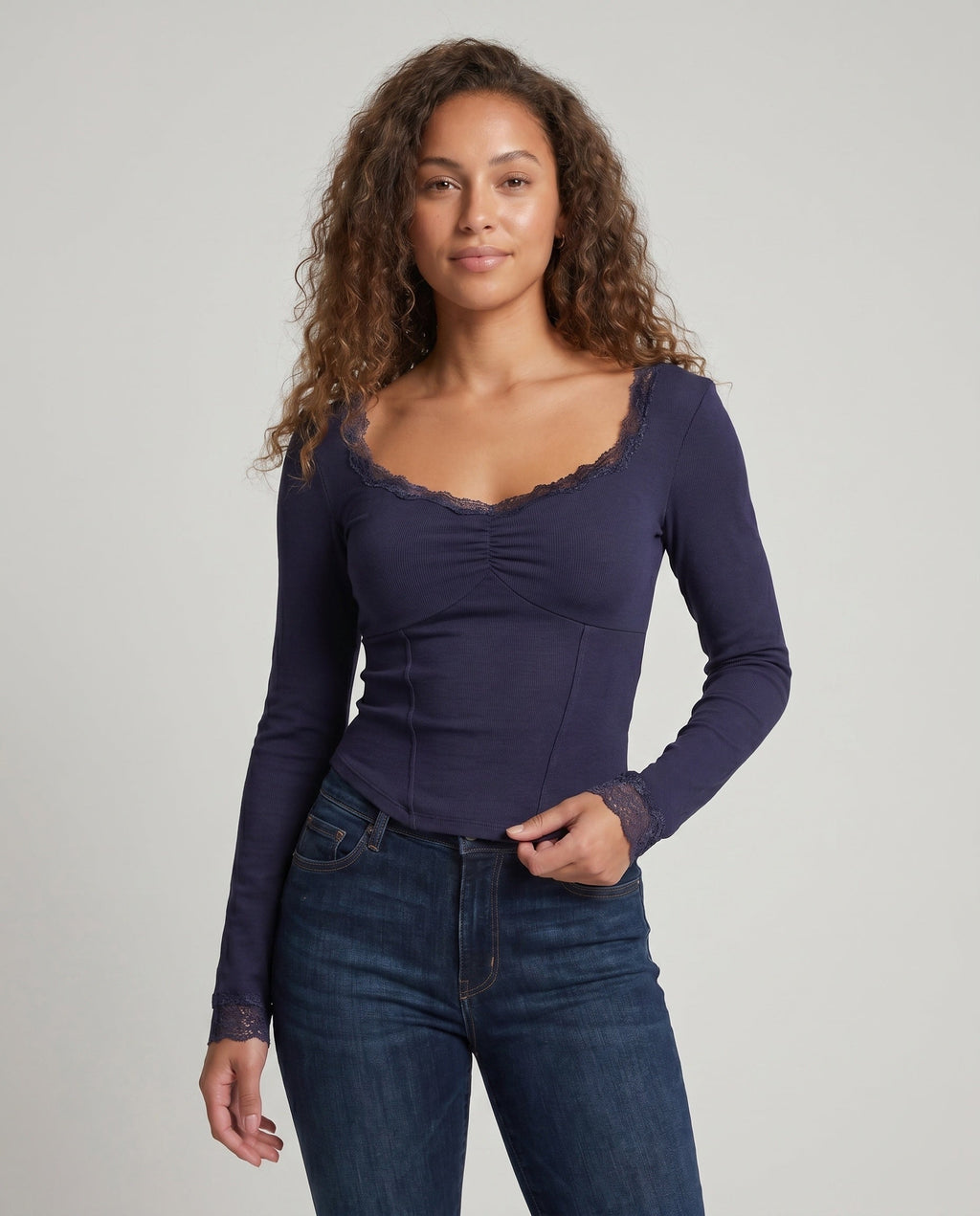 Women's Long Sleeve Shirt with Delicate Lace Back - Upper Body View