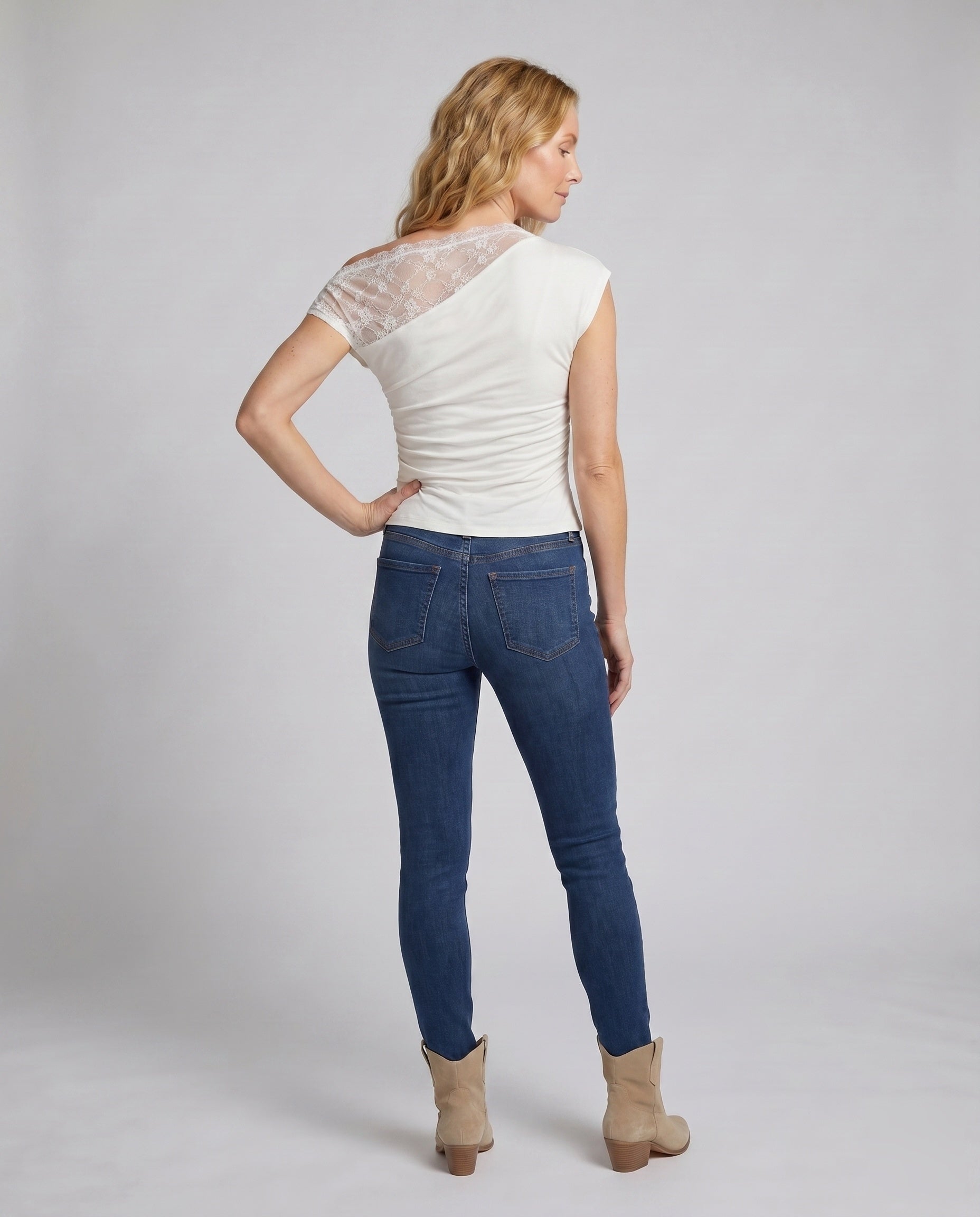 Women's Top with Asymmetrical Lace Insert and Casual Cut - Back View
