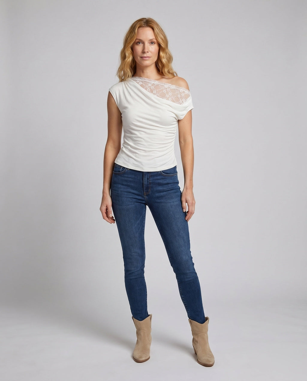 Women's Top with Asymmetrical Lace Insert and Casual Cut - Front View