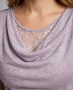 Women's Top with Elegant Waterfall Neckline and Delicate Lace Accents - Close-Up Detail