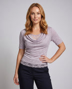 Women's Top with Elegant Waterfall Neckline and Delicate Lace Accents - Upper Body View