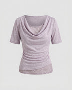 Women's Top with Elegant Waterfall Neckline and Delicate Lace Accents