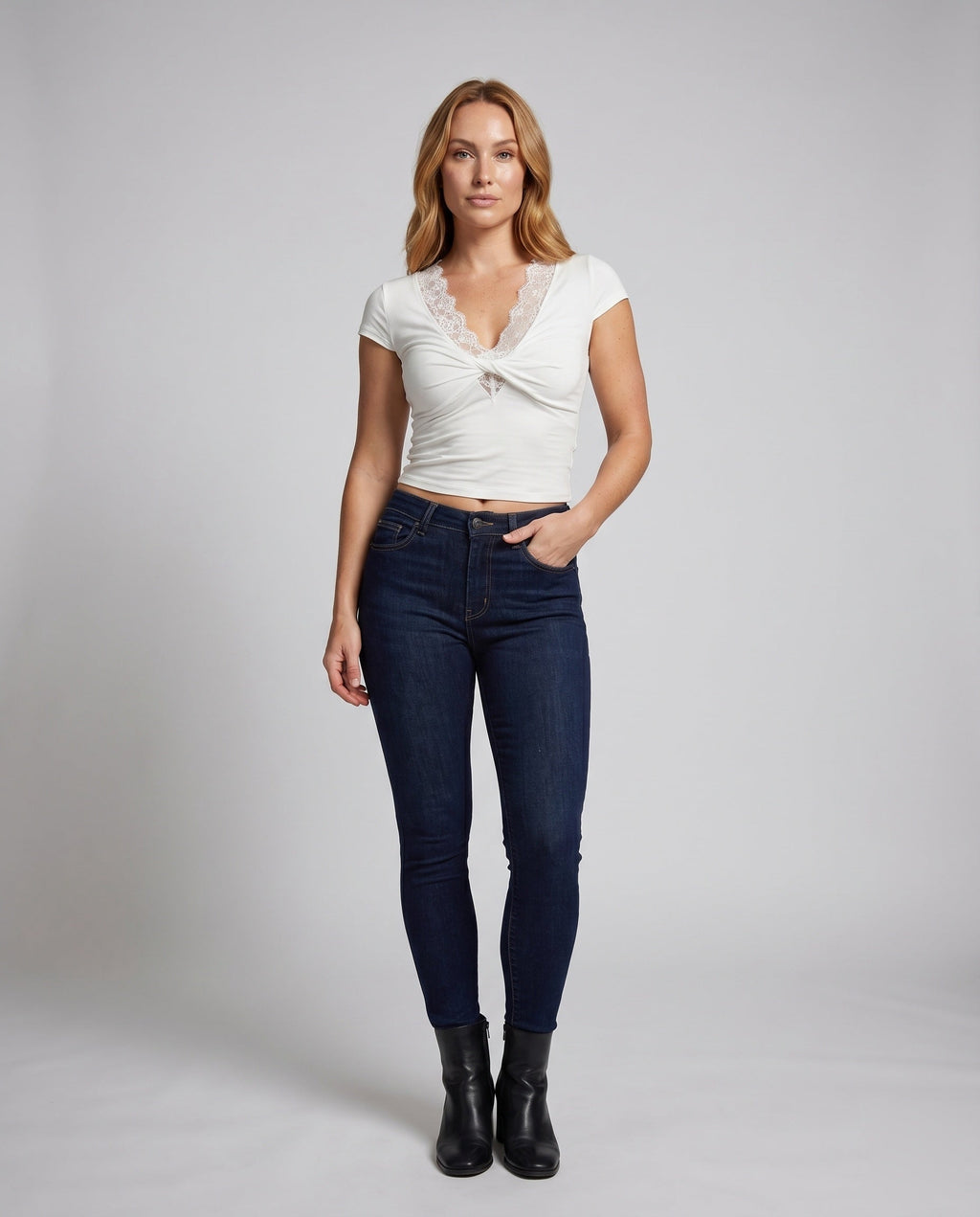 Women's Top with Elegant Lace Decoration and Playful Knot Detail - Front View