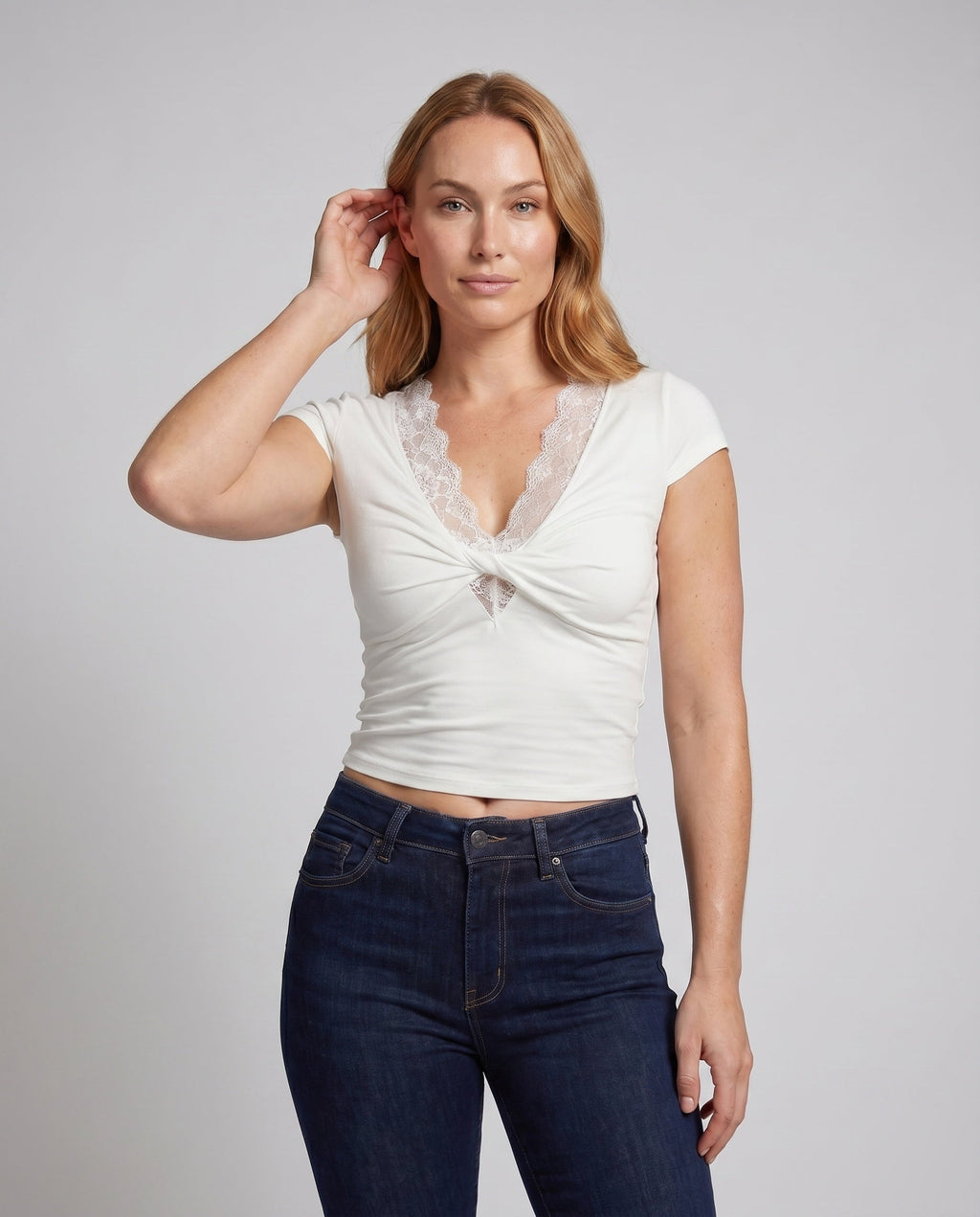 Women's Top with Elegant Lace Decoration and Playful Knot Detail - Upper Body View