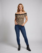 Women's Top with Off-Shoulder Design and Elegant Lace Trim - Front View