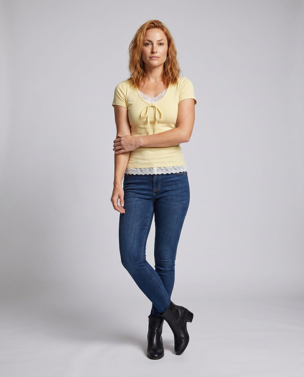 Women's Top with Sophisticated Lacing Design and Elegant Lace Insert - Front View