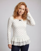 Women's Top with Ruffled Hem and Lace - Upper Body View
