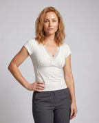 Women's Top with Lace Details and Elegant V-Neck - Upper Body View