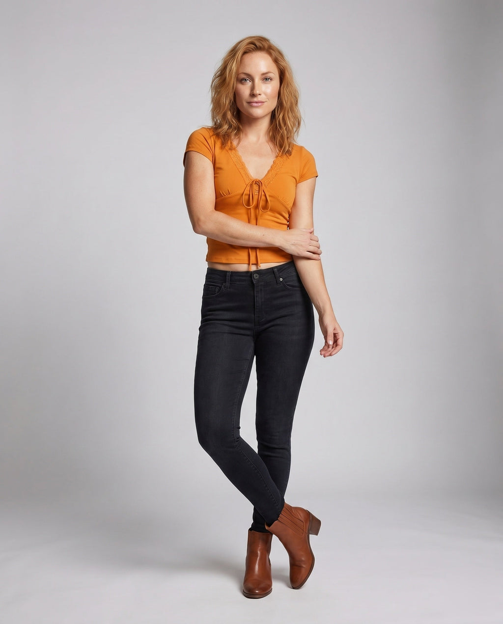 Women's Top with Lace Details and Cute Knot - Front View