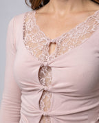 Women's Top with Transparent Lace Trim, Sophisticated Draping Design - Close-Up Detail