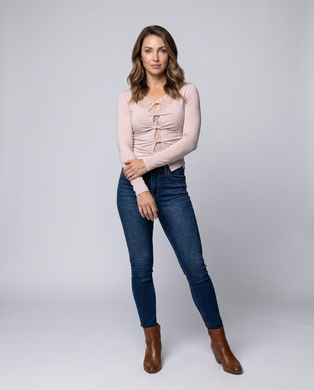 Women's Top with Transparent Lace Trim, Sophisticated Draping Design - Front View