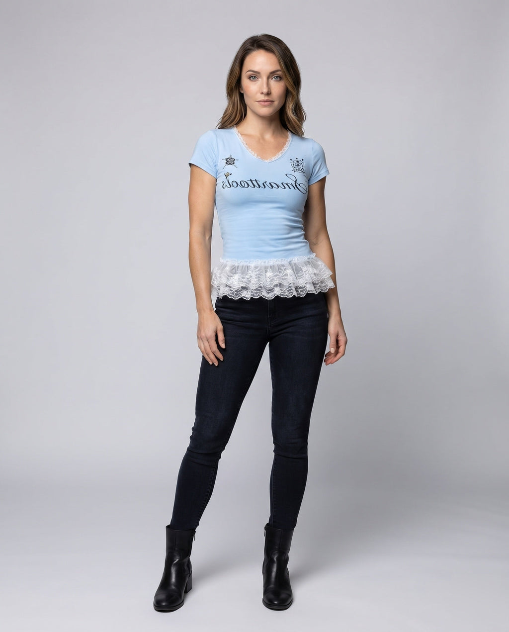 Women's Top with Playful Ruffle Detail and Delicate Lace - Front View