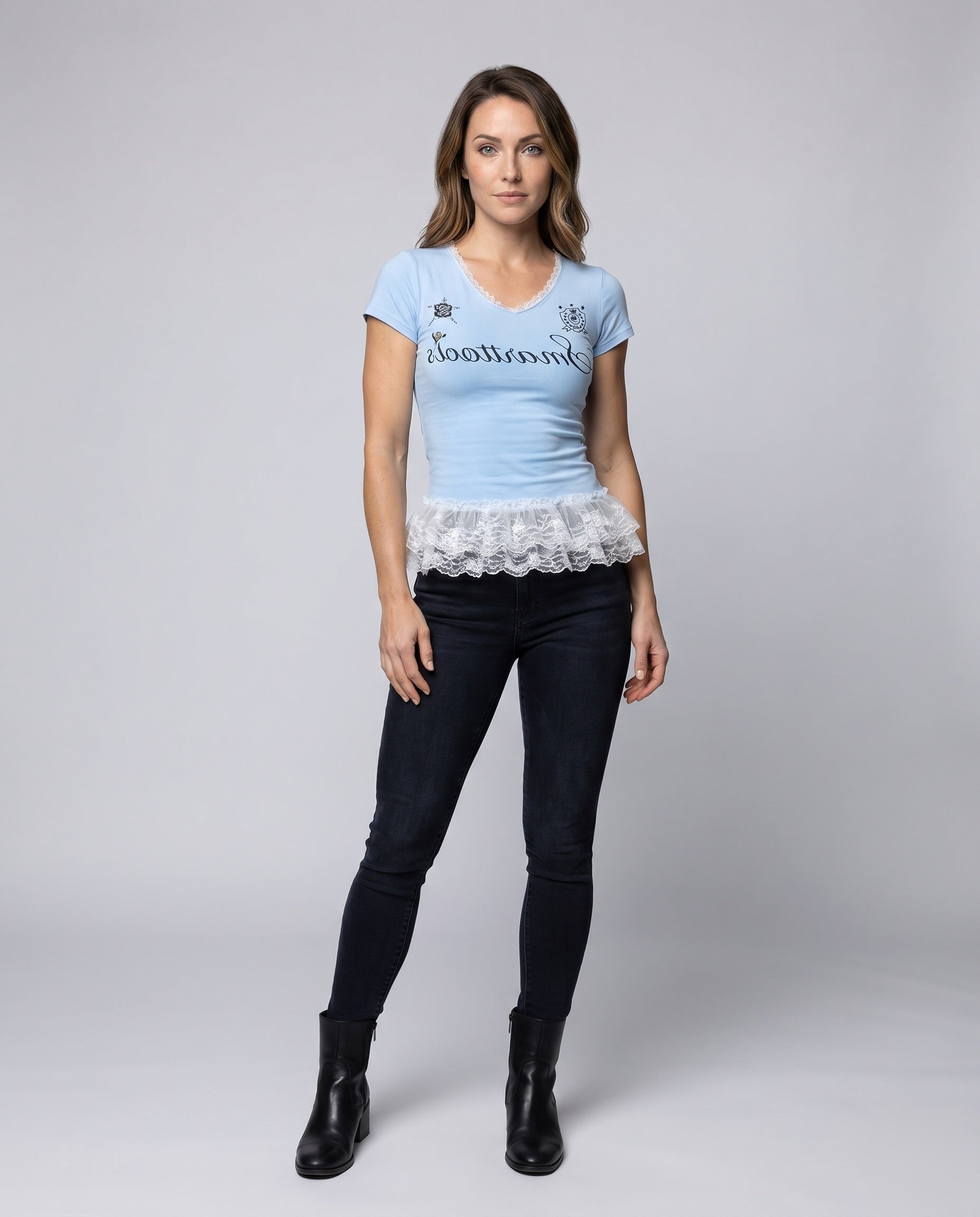 Women's Top with Playful Ruffle Detail and Delicate Lace - Front View