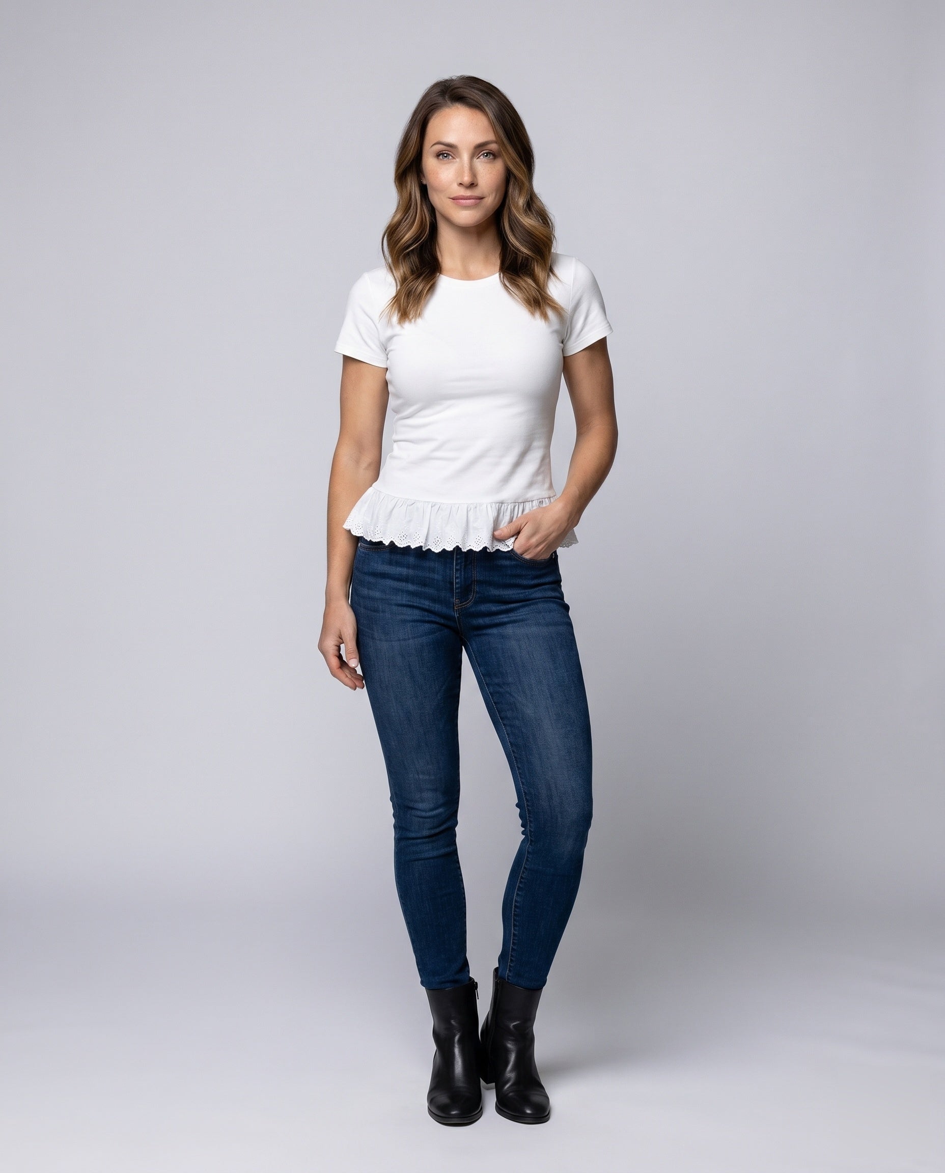 Women's Top with Playful Ruffle and Elegant Lace Trim - Front View