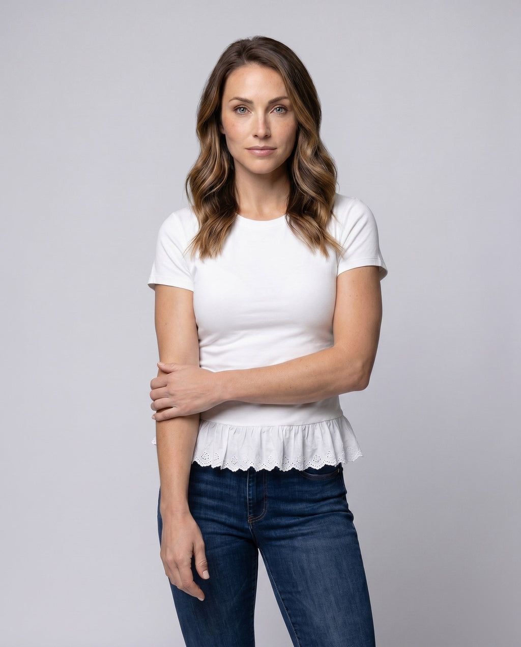 Women's Top with Playful Ruffle and Elegant Lace Trim - Upper Body View