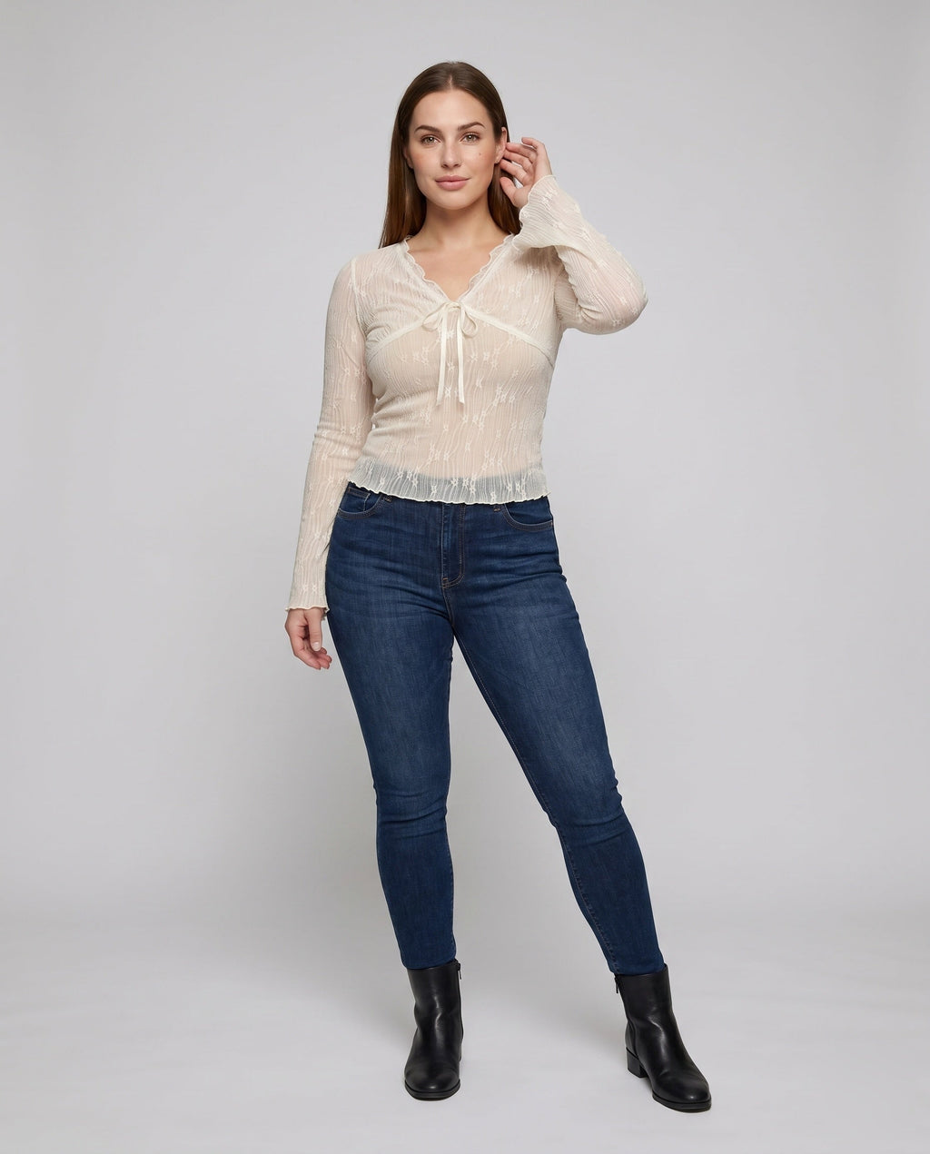 Women's Pleated Lace Blouse with Bow Accent - Front View