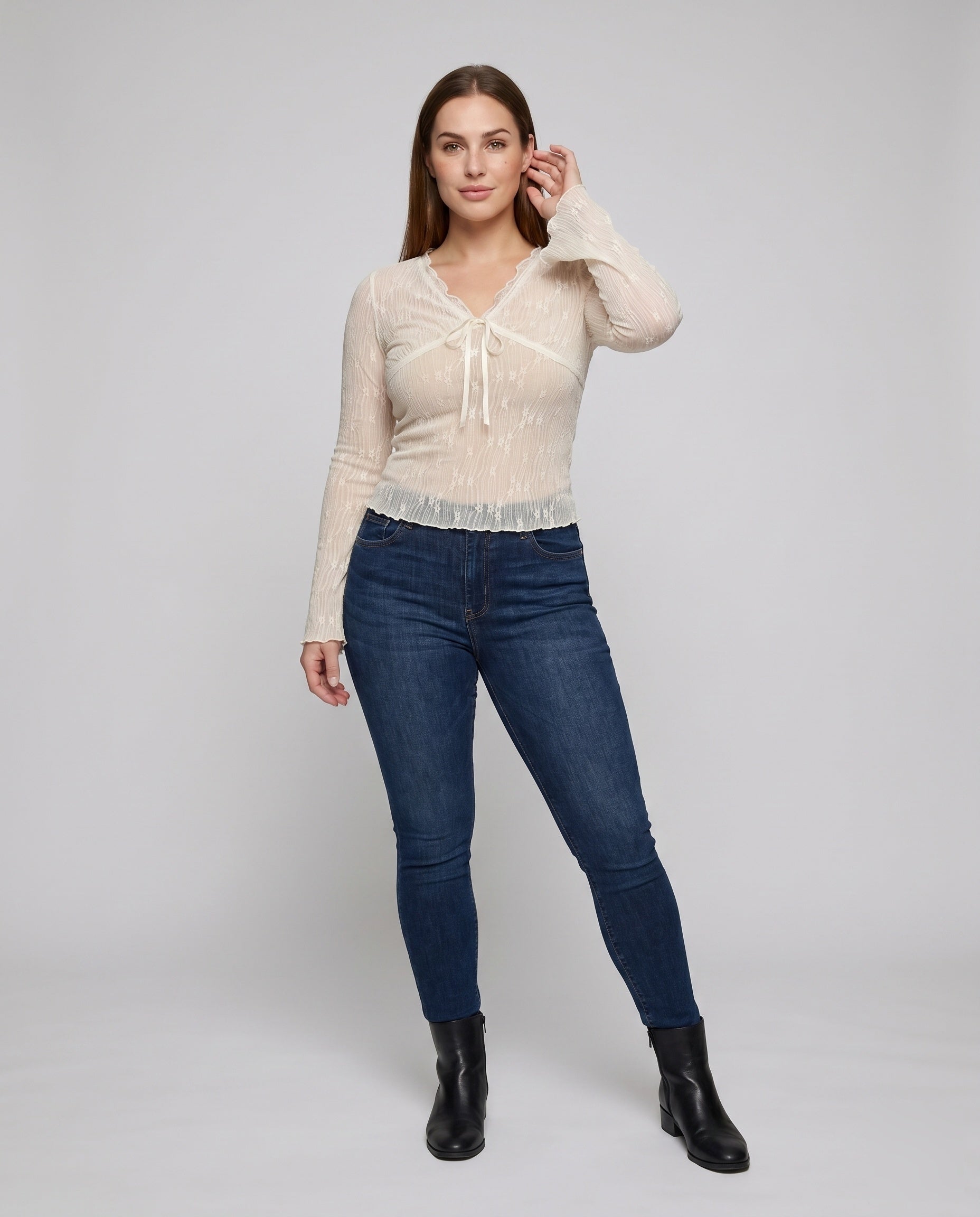 Women's Pleated Lace Blouse with Bow Accent - Front View
